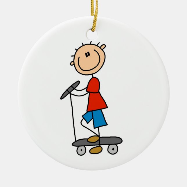 Stick Figure Boy on Scooter Ceramic Ornament (Front)