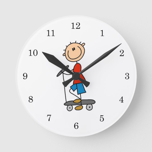Stick Figure Boy on Scooter Round Clock (Front)