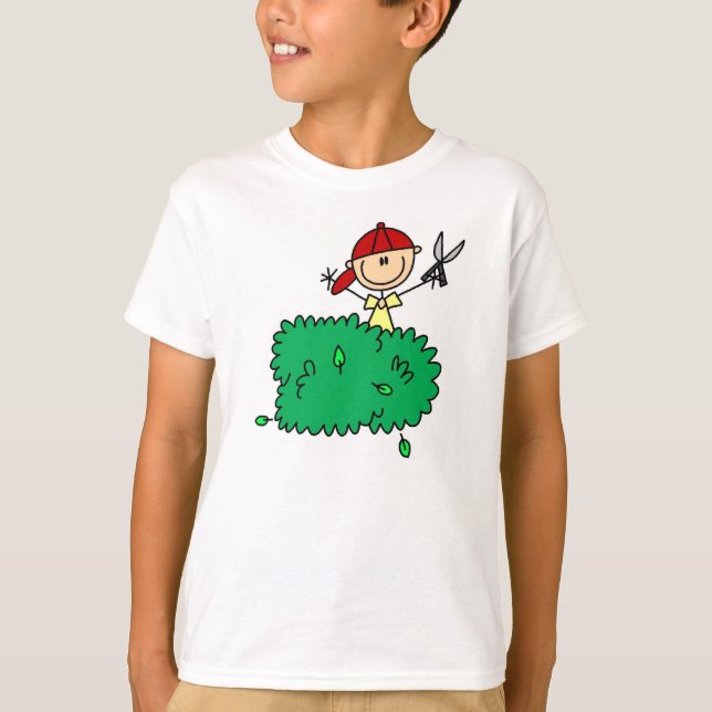 Stick Figure Boy Trimming Shrubs T-Shirt (Front)