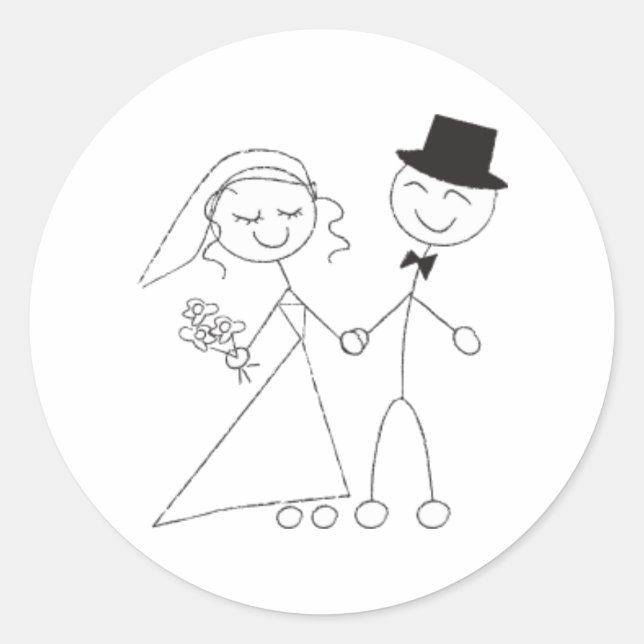 Stick Figure Bride & Groom Wedding RSVP Invitation Classic Round Sticker (Front)