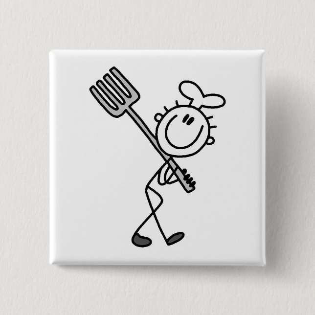 Stick Figure Chef With Fork 2 Inch Square Button (Front)