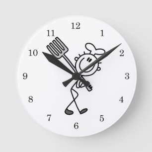 Stick Figure Chef With Fork Round Clock