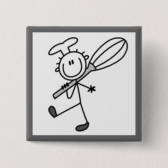 Stick Figure Chef With Whisk 2 Inch Square Button (Front)