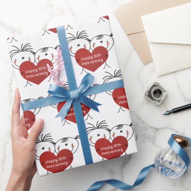 Stick Figure Couple 50th Anniversary Wrapping Paper (Gifting)