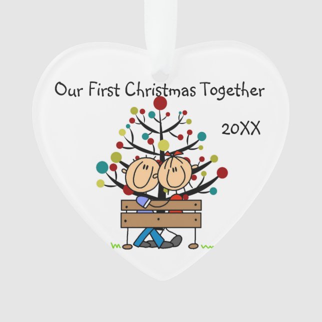 Stick Figure Couple on Bench Heart Ornament (Front)