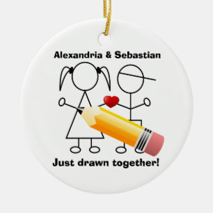 Stick Figure Couple With Heart Drawn Together Ceramic Ornament