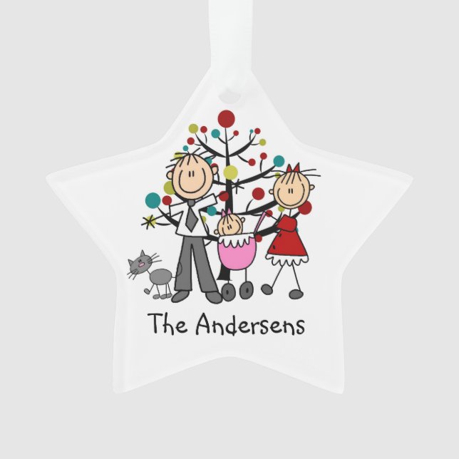 Stick Figure Dad Mom Baby Cat Acrylic Ornament (Front)