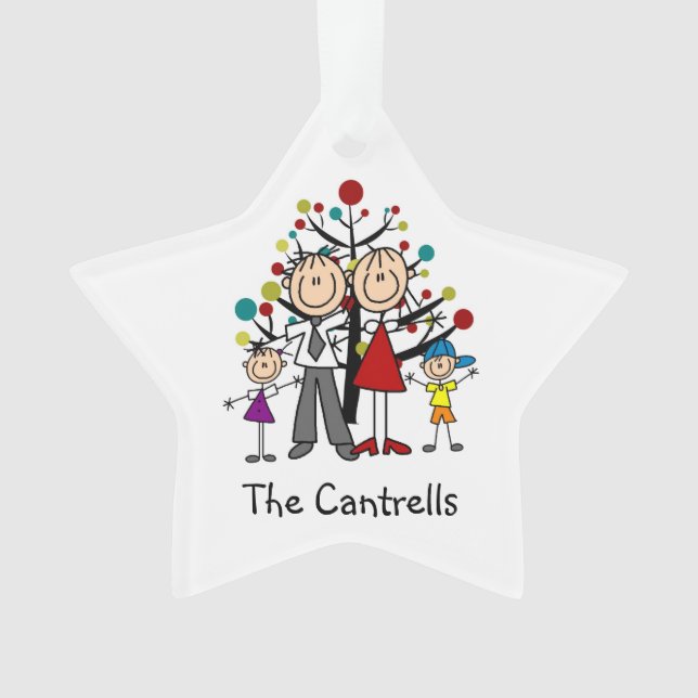 Stick Figure Dad, Mom, Girl, Boy Acrylic Ornament (Front)