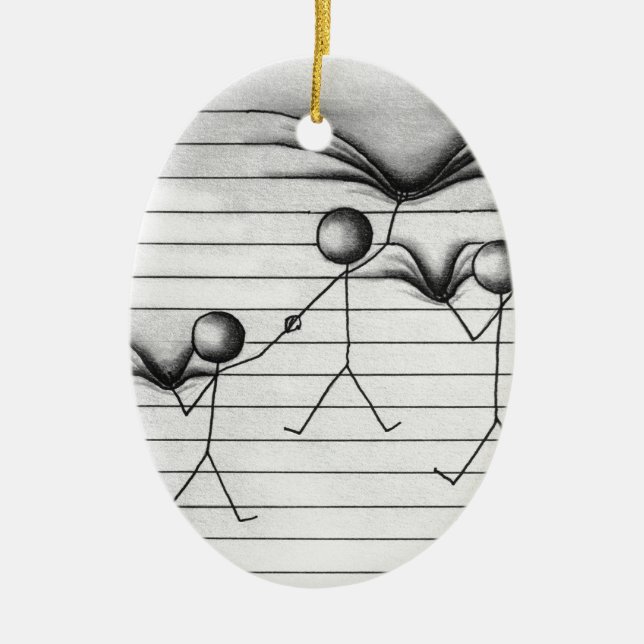 Stick Figure Drawing of Hanging on Lines Ceramic Ornament (Front)