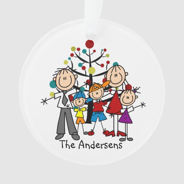 Stick Figure Family of 5 Holiday Acrylic Ornament (Front)