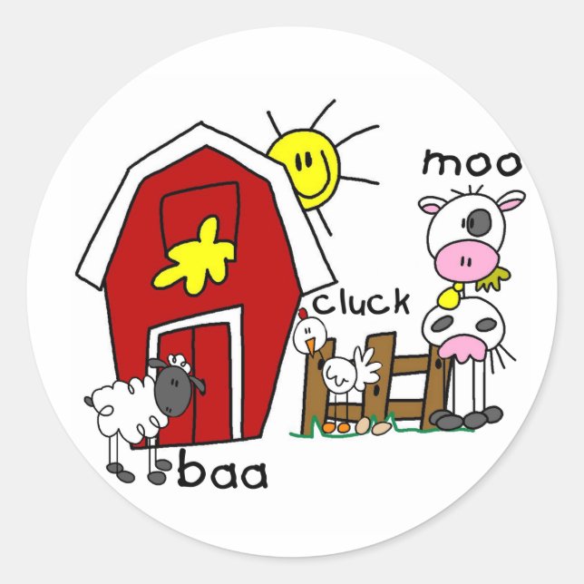 Stick Figure Farm Animals Classic Round Sticker (Front)