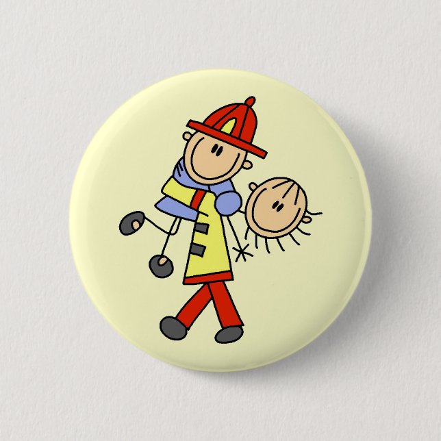 Stick Figure Firefighter Saving Lives 2 Inch Round Button (Front)