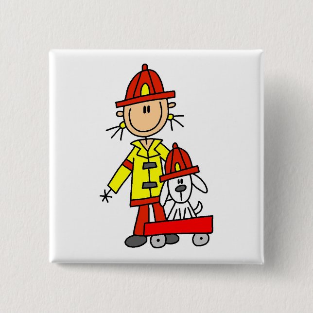 Stick Figure Firefighter with Dalmation 2 Inch Square Button (Front)