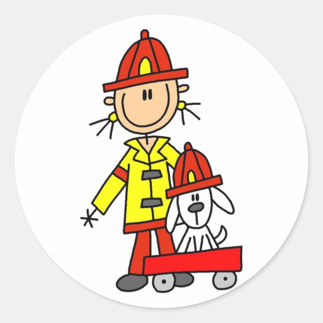 Stick Figure Firefighter with Dalmation Classic Round Sticker (Front)