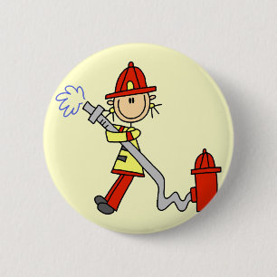 Stick Figure Firefighter with Hose 2 Inch Round Button