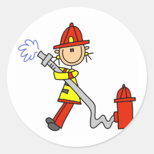 Stick Figure Firefighter with Hose Classic Round Sticker