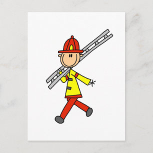 Stick Figure Firefighter with Ladder Postcard