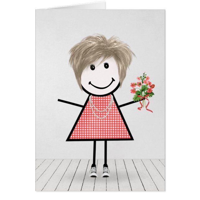 Stick Figure Girl avec Anniversaire Bouquet (Devant)