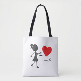 Stick Figure Girl Catching Heart Graphic Tee Tote Bag