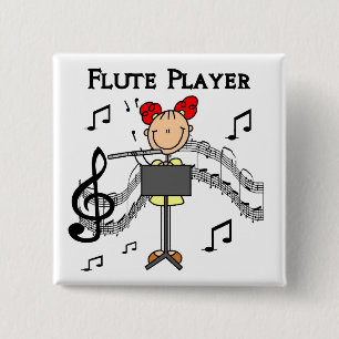 Stick Figure Girl Flute Player Tshirts and Gifts 2 Inch Square Button
