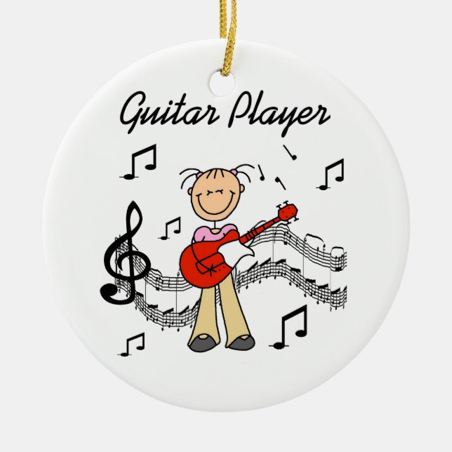 Stick Figure Girl Guitar Player T-shirts and Gifts Ceramic Ornament (Front)