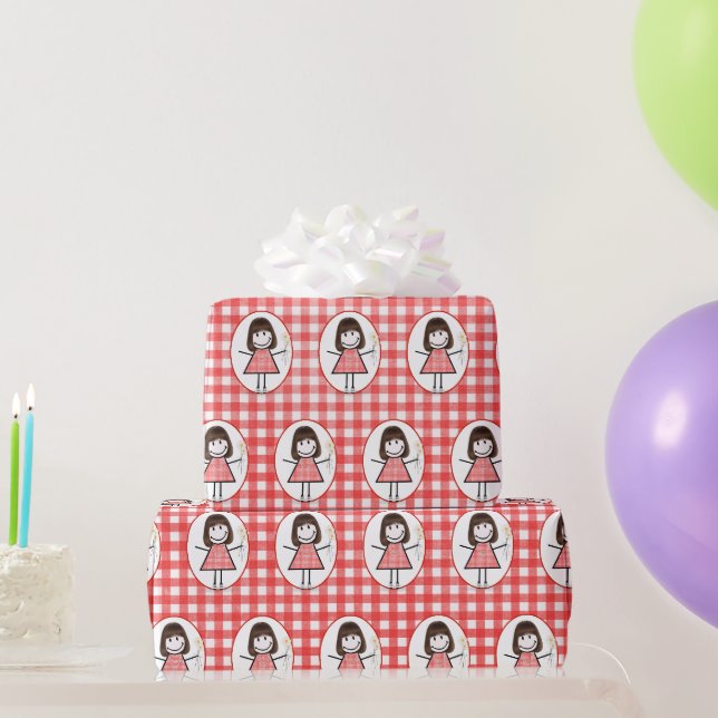 Stick Figure Girl In Sneakers on Gingham  Wrapping Paper (Party Gifts)