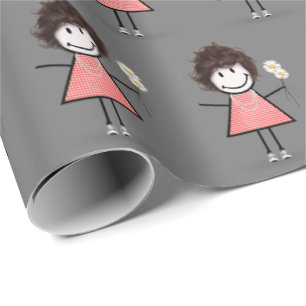 Stick Figure Girl in Sneakers on Grey Wrapping Paper