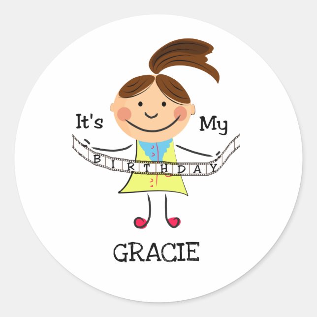 Stick Figure Girl It's My Birthday Classic Round Sticker (Front)