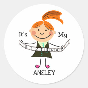 Stick Figure Girl It's My Birthday Classic Round Sticker