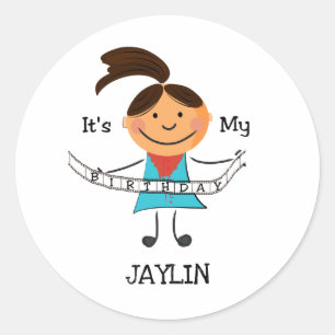Stick Figure Girl It's My Birthday Classic Round Sticker