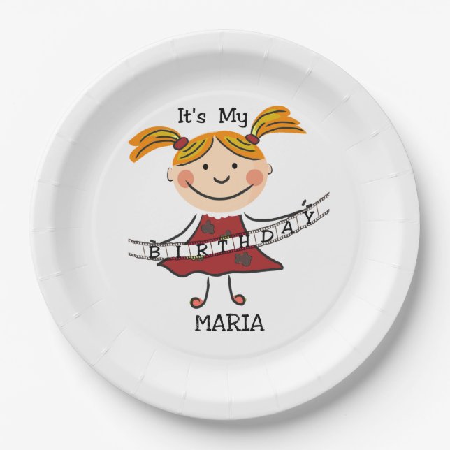 Stick Figure Girl It's My Birthday Paper Plate (Front)