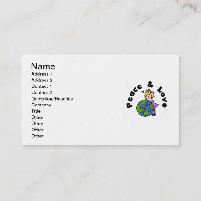 Stick Figure Girl Peace and Love T-shirts and Gift Business Card (Front)