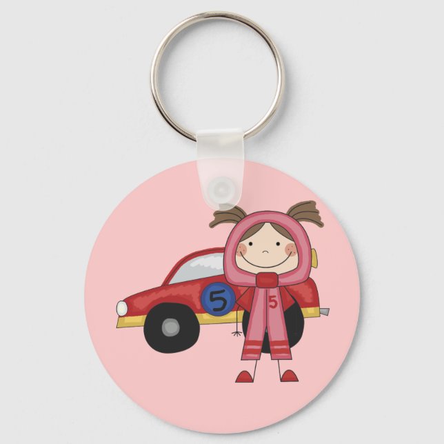 Stick  Figure Girl Race Car Driver Tshirts Keychain (Front)