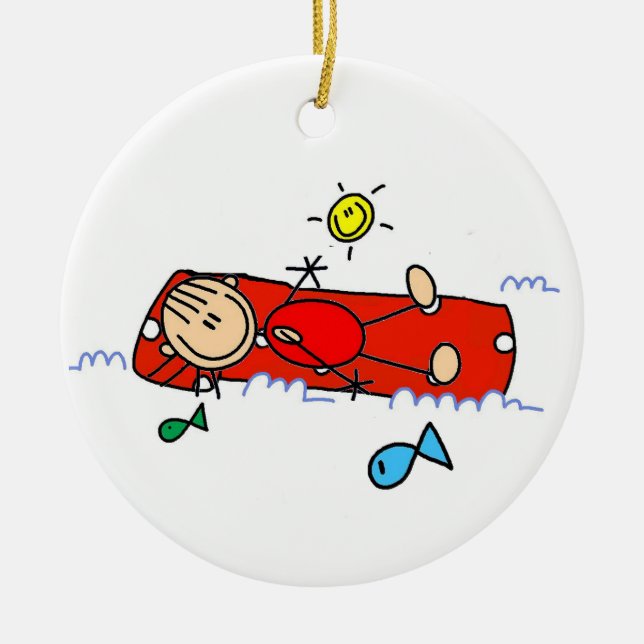 Stick Figure Girl Red Air Mattress Ceramic Ornament (Front)