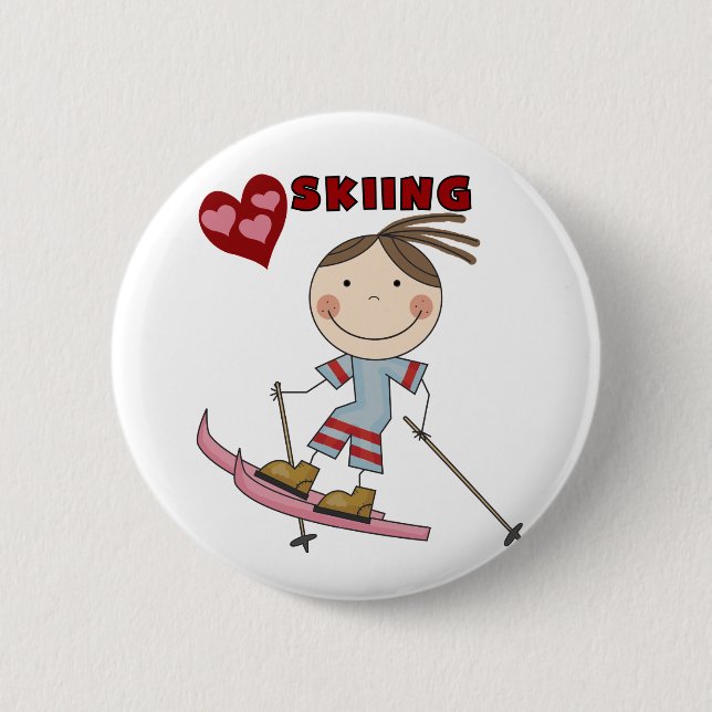 Stick Figure  Girl Skier Tshirts and Gifts 2 Inch Round Button (Front)