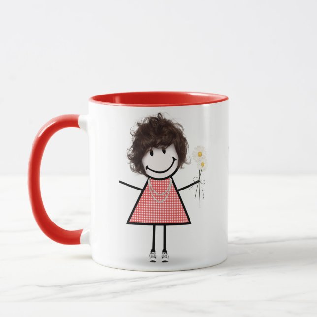 Stick Figure Girl with Daisies and Quote   Mug (Left)