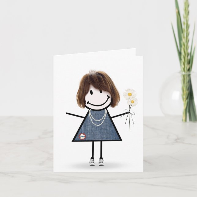 Stick Figure Girl with Daisies Card (Front)