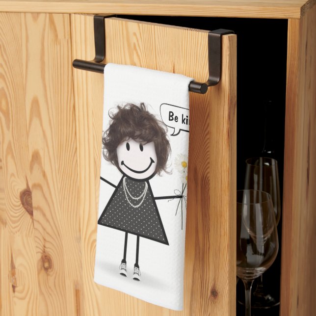 Stick Figure Girl with Daisies  Kitchen Towel (Thirds Fold)