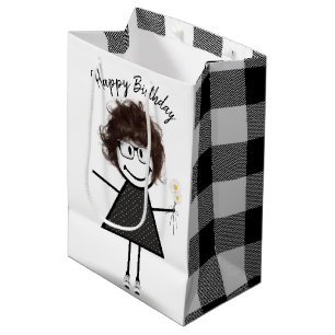 Stick Figure Girl with Daisies Medium Gift Bag