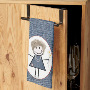 Stick Figure Girl with Daisies on Denim Kitchen Towel