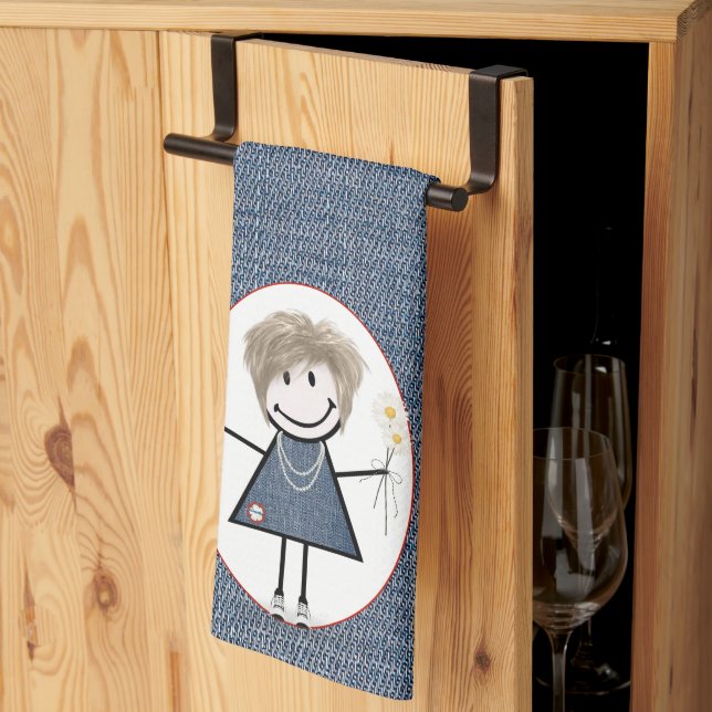 Stick Figure Girl with Daisies on Denim Kitchen Towel (Thirds Fold)