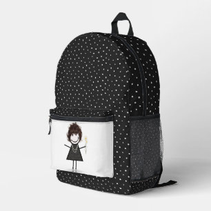 Stick Figure Girl With Daisies On Pin Dots Printed Backpack