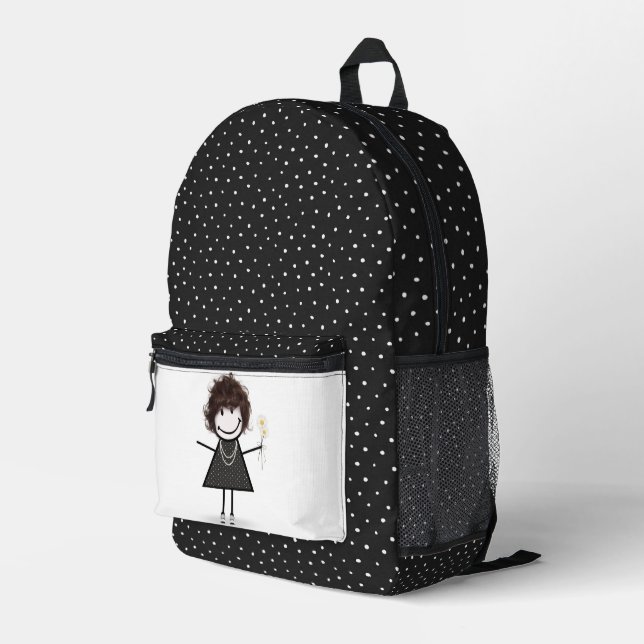 Stick Figure Girl With Daisies On Pin Dots Printed Backpack (Back Corner Right)