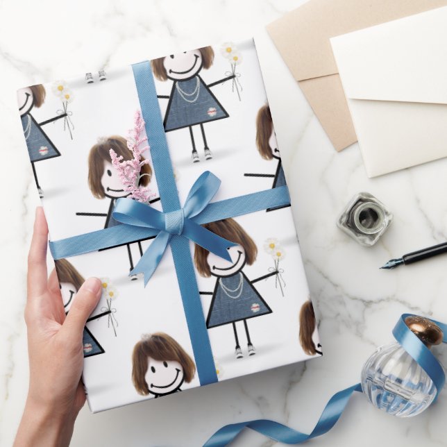 Stick Figure Girl With Daisies Wrapping Paper (Gifting)