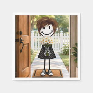 Stick Figure Girl with Daisy Bouquet Napkin