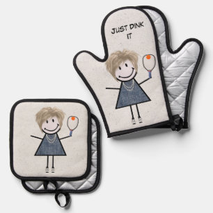 Stick Figure Girl With Pickleball Paddle Oven Mitt & Pot Holder Set