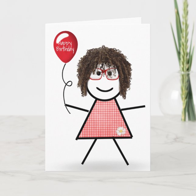 Stick Figure Girl with Red Birthday Balloon Card (Front)