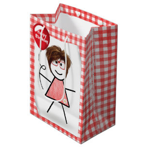 Stick Figure Girl with Red Birthday Balloon  Medium Gift Bag