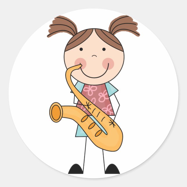 Stick Figure Girl With Saxophone Classic Round Sticker (Front)