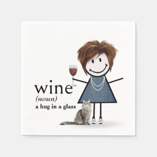 Stick Figure Girl With Wine And Cat Napkin